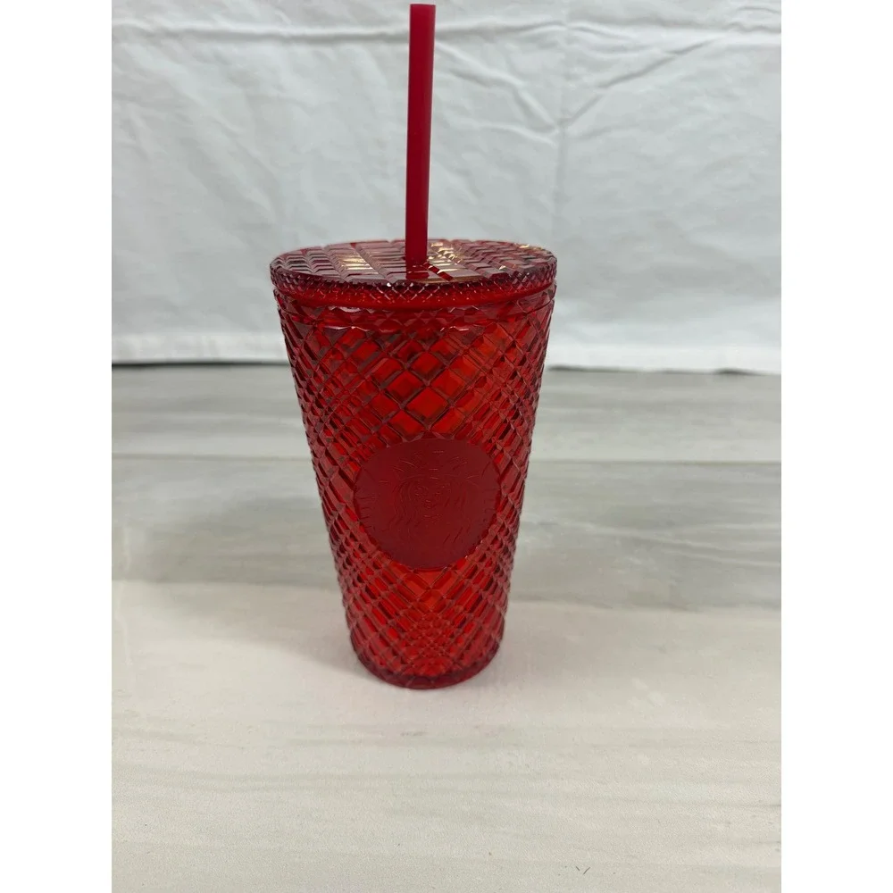 Starbucks 2021 Holiday Red Grid Textured Cold Cup Tumbler 16oz With Straw